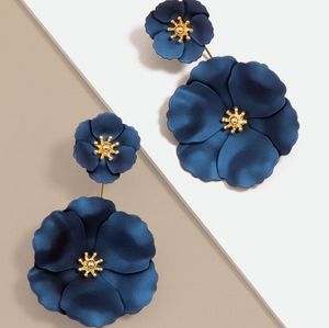 Blue Metallic/18K Gold Handpainted Floral Drop 3D Earrings (2-in-1)